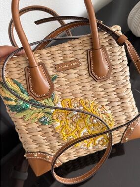 MICHAEL KORS Straw Tote with Tan Leather Trim & Yellow Pineapple Embroidery